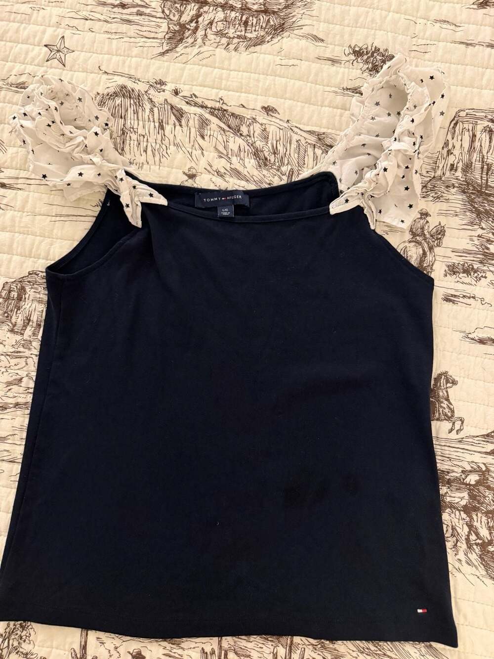 Tommy Hilfiger Ruffle Star Strap Tank Top Size L Navy Blue Cotton